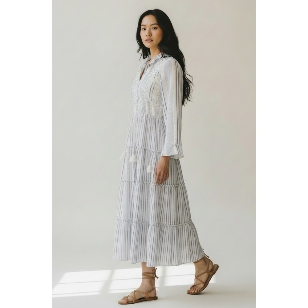Raga Striped Dress Maxi Blue White Beach Bohemian Coastal Embroidered XS NEW